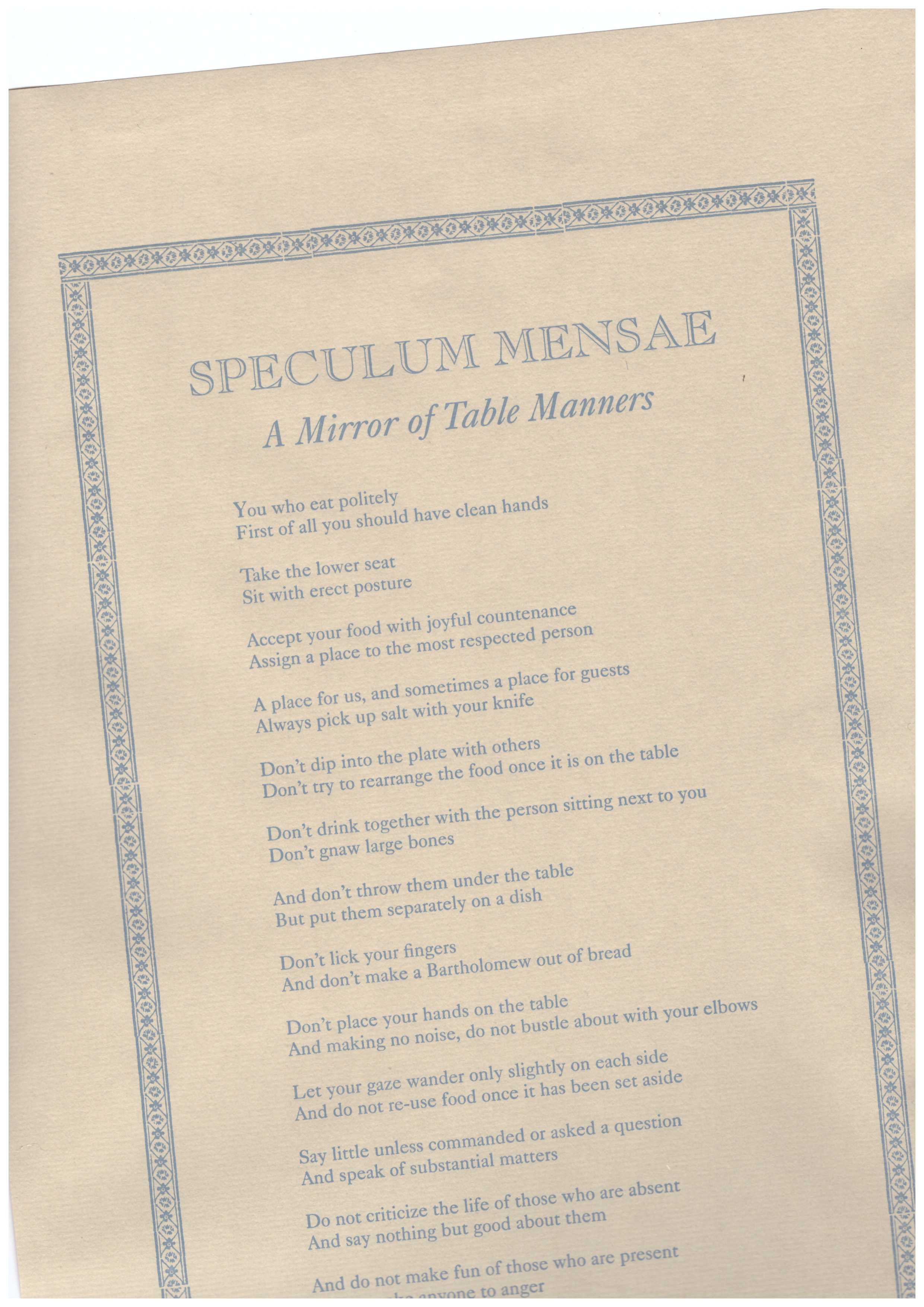 KINMONT, Ben - Speculum Mensae (Broadside)